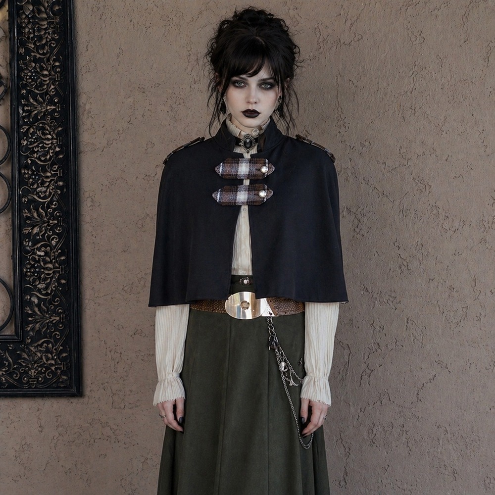 Vintage Style Navy Blue Capelet with Plaid Epaulettes and Front‎ Tab Detail